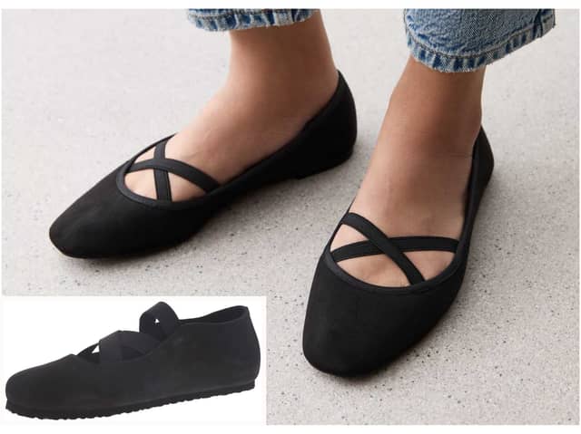 New Look's ballet flats, main image, compared to Birkenstocks' Santa Ana shoes inset