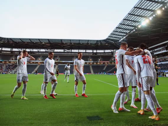 England U21s celebrate Cole Palmer’s strike against Kosovo U21s at Stadium MK
