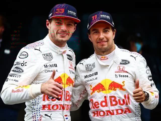 <p>Max Verstappen and Sergio Perez celebrate claiming second and third for Red Bull in Istanbul, Turkey</p>