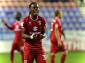 Peter Kioso celebrates MK Dons’ victory over Wigan Athletic on Tuesday night. Kioso equalised for Dons after 30 minutes, cancelling out Charlie Wyke’s goal before a Wigan own goal saw Dons to victory at the DW Stadium