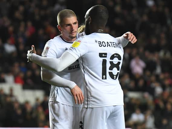 Max Watters celebrates with Hiram Boateng following his goal against Aston Villa U21s last week