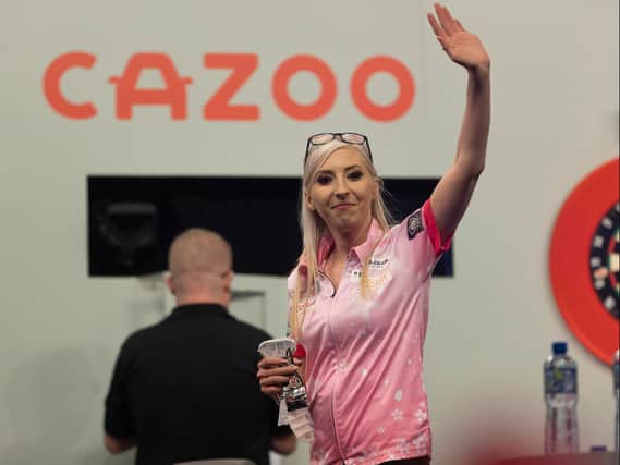 Fallon Sherrock set a new record for a female player in Wolverhampton on Sunday. Pic: Lawrence Lustig/PDC
