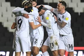 MK Dons celebrate Tennai Watson’s goal against Plymouth