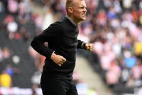 Liam Manning celebrates Troy Parrott’s goal in his first MK Dons game in charge, against Sunderland back in August