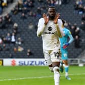 Mo Eisa celebrates his ninth goal of the season but his first at Stadium MK since August as he opens the scoring against Bolton