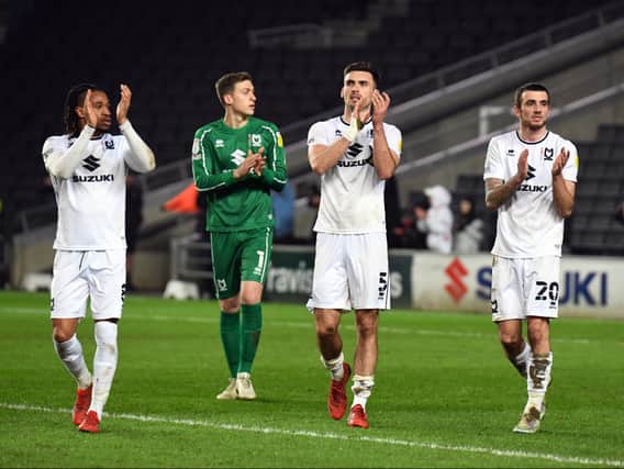 David Kasumu, Jamie Cumming, Warren O’Hora and Troy Parrott after Tuesday night’s win over Cheltenham