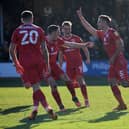 Warren O’Hora celebrates his second goal of the season - the winner against Cambridge United