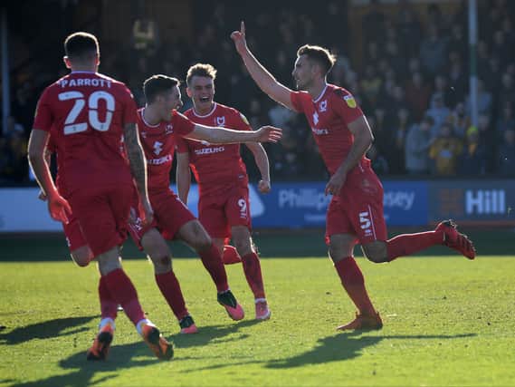 Warren O’Hora celebrates his second goal of the season - the winner against Cambridge United