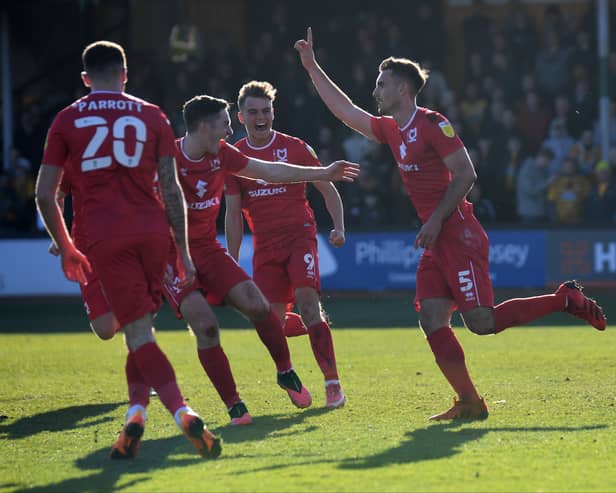Warren O’Hora celebrates his second goal of the season - the winner against Cambridge United
