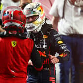 Max Verstappen is congratulated by Charles Leclerc in Saubi Arabia. The pair duelled for several laps at the end before the Red Bull Racing man came out on top.