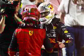 Max Verstappen is congratulated by Charles Leclerc in Saubi Arabia. The pair duelled for several laps at the end before the Red Bull Racing man came out on top.