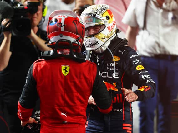 Max Verstappen is congratulated by Charles Leclerc in Saubi Arabia. The pair duelled for several laps at the end before the Red Bull Racing man came out on top.