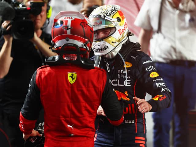 <p>Max Verstappen is congratulated by Charles Leclerc in Saubi Arabia. The pair duelled for several laps at the end before the Red Bull Racing man came out on top.</p>