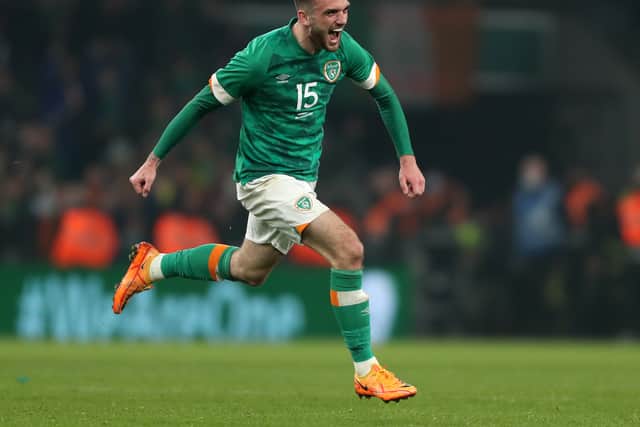 Troy Parrott celebrates his 97th minute winner for the Republic of Ireland against Lithuania