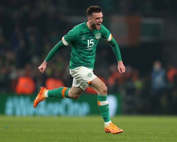 Troy Parrott celebrates his 97th minute winner for the Republic of Ireland against Lithuania