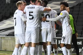 MK Dons celebrate at Stadium MK. They welcome Shrewsbury to MK1 on Saturday afternoon