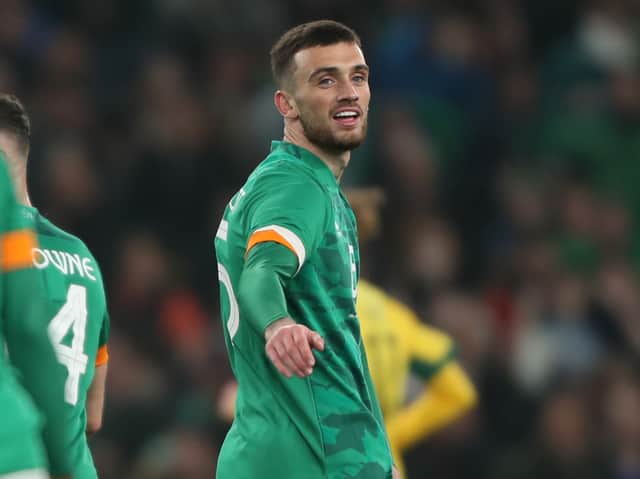<p>Troy Parrott smiles after celebrating his winner for Ireland in the week</p>
