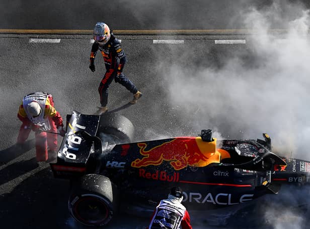 <p>Max Verstappen escapes his RB18 after retiring from the Australian Grand Prix. He is already 46 points behind championship leader Charles Leclerc in the Ferrari after just three races</p>