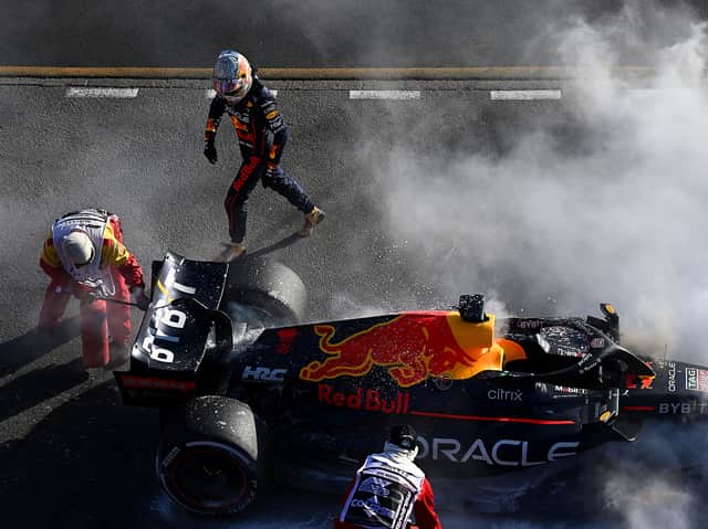 <p>Max Verstappen escapes his RB18 after retiring from the Australian Grand Prix. He is already 46 points behind championship leader Charles Leclerc in the Ferrari after just three races</p>