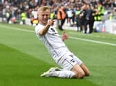 Harry Darling celebrates his first class goal against Morecambe at Stadium MK. It was the defender’s ninth goal of the season, and put them in pole position to take the three points on Saturday.