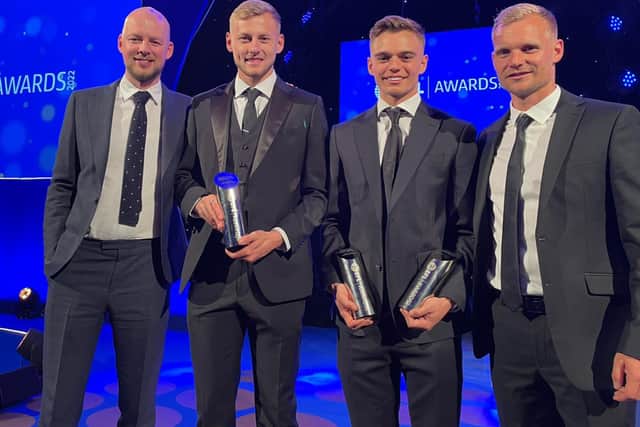 Liam Sweeting, Harry Darling, Scott Twine and Liam Manning at the EFL Awards on Sunday night.