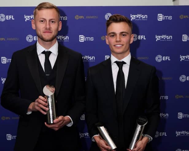 Harry Darling and Scott Twine with their EFL Awards. Darling said he always believed Twine would be named Player of the Season
