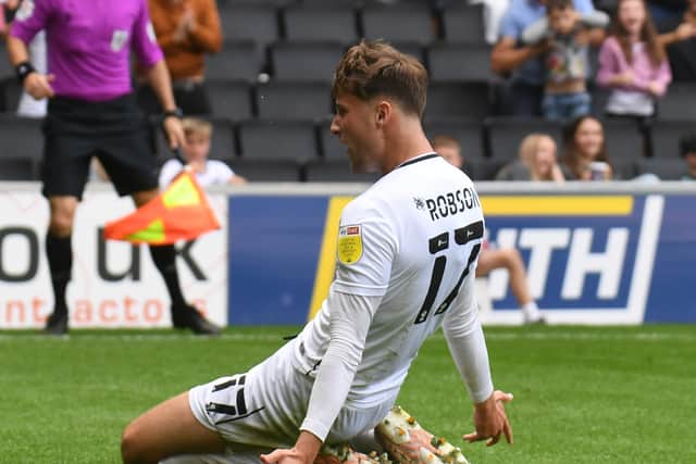Ethan Robson scored the only goal of the game when Dons beat Portsmouth at Stadium MK. The reverse fixture at Fratton Park would be his last in a Dons shirt before he was recalled by Blackpool