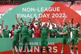 Newport Pagnell Town celebrate winning the FA Vase at Wembley Stadium. They thrashed Littlehampton 3-0 to win the competition for the first time in their history.