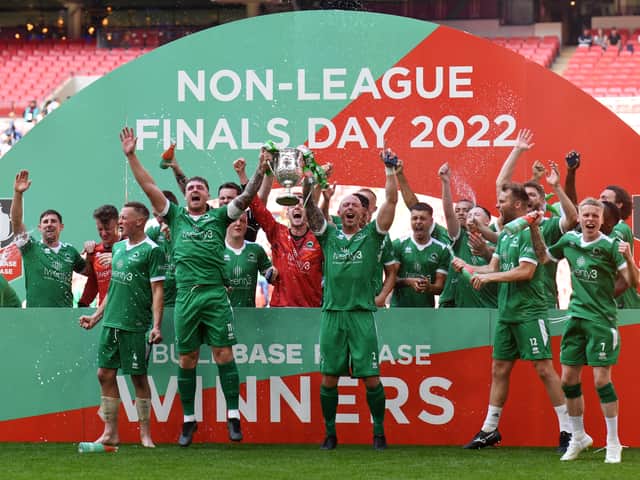 <p>Newport Pagnell Town celebrate winning the FA Vase at Wembley Stadium. They thrashed Littlehampton 3-0 to win the competition for the first time in their history.</p>
