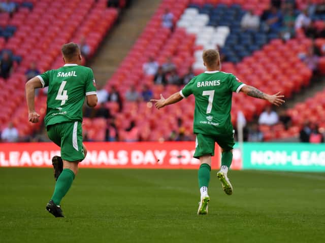 <p>Kieran Barnes scored a memorable goal for Newport Pagnell Town in the 3-0 win over Littlehampton Town at Wembley Stadium on Sunday</p>