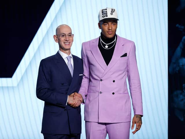<p>Jeremy Sochan with NBA Commissioner Adam Silver after the teenager, who grew up in Milton Keynes, was drafted by the San Antonio Spurs </p>