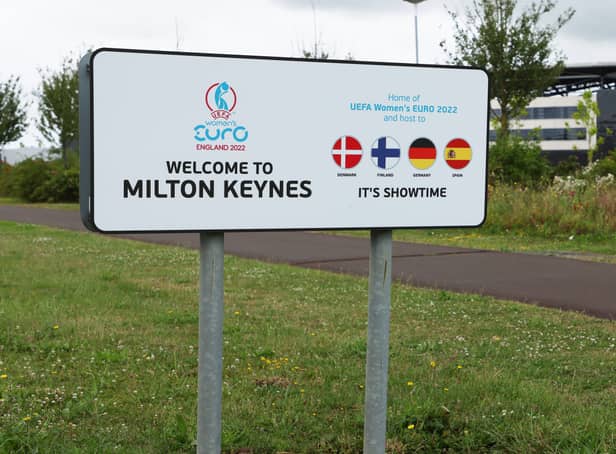 <p>A sign representing the four nations set to play in Milton Keynes has been unveiled ahead of the tournament arriving in the city next week</p>