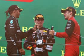 Max Verstappen celebrates his second place with Lewis Hamilton (r) and race winner Charles Leclerc (l) at the thrilling Austrian Grand Prix. The drama  and controversy was as much off the track as on it at the Red Bull Ring