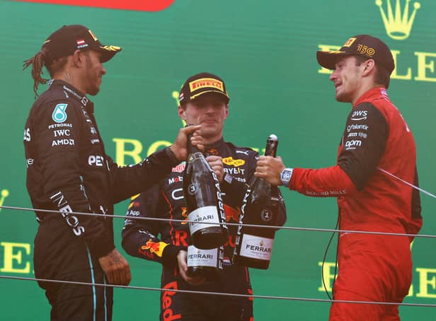<p>Max Verstappen celebrates his second place with Lewis Hamilton (r) and race winner Charles Leclerc (l) at the thrilling Austrian Grand Prix. The drama  and controversy was as much off the track as on it at the Red Bull Ring</p>