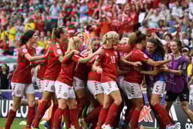 Denmark celebrate Pernille Harder’s decisive header in the 1-0 win over Finland at Stadium MK on Tuesday night