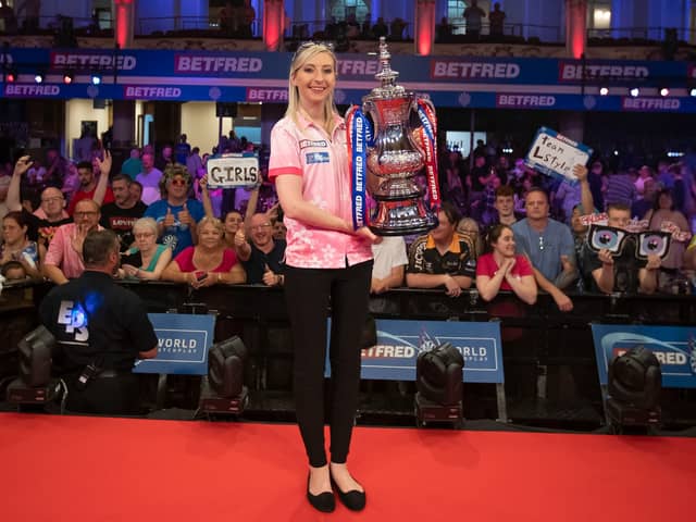 Fallon Sherrock celebrates her victory. Pic: Taylor Lanning/PDC