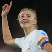 England’s Leah Williamson celebrates after winning with her team at the end of the UEFA Women’s Euro 2022 semi-final against Sweden