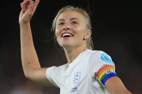England’s Leah Williamson celebrates after winning with her team at the end of the UEFA Women’s Euro 2022 semi-final against Sweden