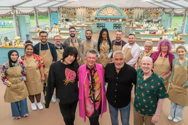 Group Photo of bakers, presenters and judges from Great British Bake Off 2022 (L to R (back) Maisam, Syabira, Abdul, William, James, Sandro, Maxy, Kevin, Janusz, Dawn, Carole, Rebs (front) Noel Fielding, Prue Leith, Paul Hollywood, Matt Lucas)