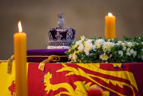 The Imperial State Crown upon the coffin carrying Queen Elizabeth II in Westminster Hall for the Lying-in State 