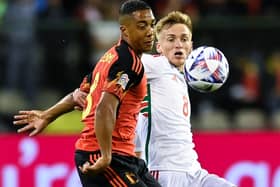 Matt Smith battles with Youri Tielemans during Wales’ defeat to Belgium on Thursday night