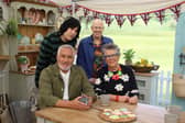 Great British Bake Off presenters and judges in cake corner (L to R (back) Noel Fielding, Matt Lucas (front) Paul Hollywood, Prue Leith.