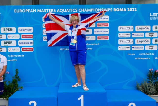 Janet on the podium at the European Masters Aquatic Swimming Championships.