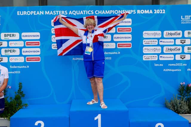  Janet on the podium at the European Masters Aquatic Swimming Championships. 