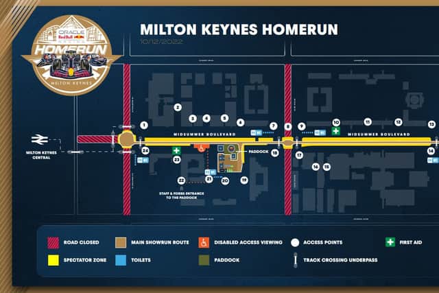 The route for the Red Bull Home Run 2022 in Milton Keynes. Max Verstappen and Sergio Perez will tear up and down Midsummer Boulevard on December 10