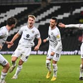 MK Dons celebrate Daniel Harvie’s winning goal in their last outing at Stadium MK - the 1-0 win over Forest Green Rovers