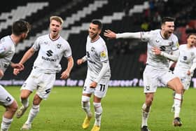 MK Dons celebrate Daniel Harvie’s winning goal in their last outing at Stadium MK - the 1-0 win over Forest Green Rovers