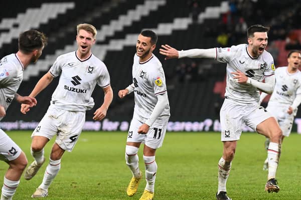 MK Dons celebrate Daniel Harvie’s winning goal in their last outing at Stadium MK - the 1-0 win over Forest Green Rovers
