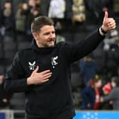 Mark Jackson celebrating the win over Forest Green Rovers - his first game in charge of MK Dons