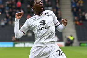 Sullay Kaikai celebrating his first MK Dons goal